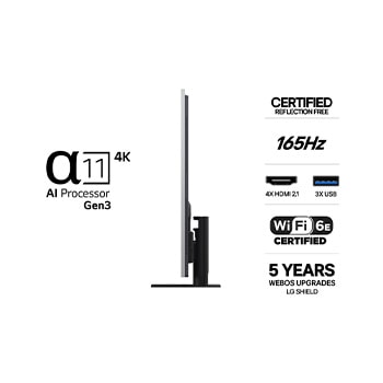 LG OLED evo AI G6 visas framifrån och från sidan och lyfter fram en 65-tums 1 441 mm bred skärm, med en skärmhöjd på 826 mm, 910 mm hög med stativ, ett djup på 24,3 mm och ett stativavtryck på 485 x 263 mm.
