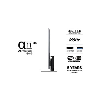 LG OLED evo AI G6 visas framifrån och från sidan och lyfter fram en 65-tums 1 441 mm bred skärm, med en skärmhöjd på 826 mm, 910 mm hög med stativ, ett djup på 24,3 mm och ett stativavtryck på 485 x 263 mm.