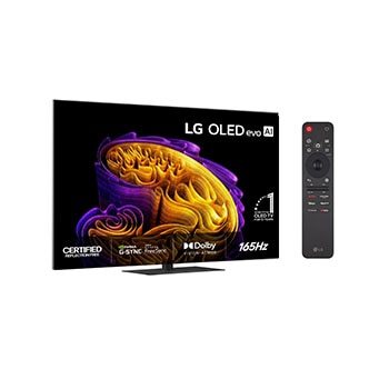 Vy framifrån av LG OLED evo AI G6, som släpptes 2026, visar en bild av skiktade, mångfärgade former, med Hyper Radiant Color Tech, Perfekt svart & Perfekt färg, tillsammans med ”World’s No.1 OLED TV för 13 Years”-märke.