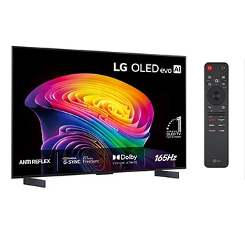 LG OLED evo AI C6 visad framifrån och från sidan framhäver en 42-tums skärm med en 932 mm bred skärm, en total höjd på 540 mm och ett superslimmat djup på 41,1 mm utan stativ.