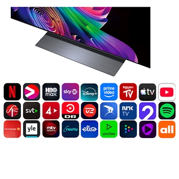 LG OLED evo C6 AI TV:ns alpha 11 AI Processor 4K Gen3 lyser i lila och blått ljus på ett mörkt kretskort och framhäver Dual AI Engine och levererar NPU upp till 5,6x snabbare, CPU 50 % snabbare och GPU 70 % starkare prestanda.