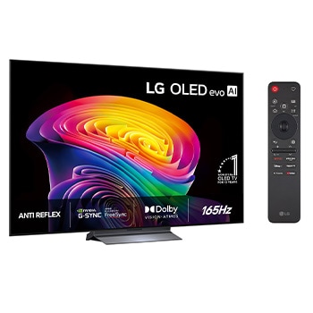 LG OLED evo AI C6 visad framifrån och från sidan framhäver en 65-tums skärm med en 1 441 mm bred skärm, en total höjd på 826 mm och ett superslimmat djup på 45,1 mm utan stativ.