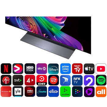 LG OLED evo C6 AI TV:ns alpha 11 AI Processor 4K Gen3 lyser i lila och blått ljus på ett mörkt kretskort och framhäver Dual AI Engine och levererar NPU upp till 5,6x snabbare, CPU 50 % snabbare och GPU 70 % starkare prestanda.