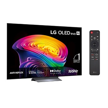 Vy framifrån av LG OLED evo AI C6, som släpptes 2026, visar en bild av skiktade, mångfärgade former, med Hyper Radiant Color Tech, Perfekt svart och Perfekt färg, tillsammans med World’s No.1 OLED TV for 13 Years-märket.