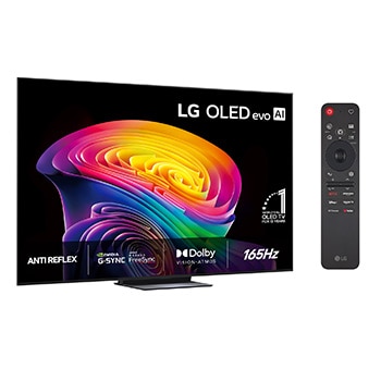Vy framifrån av LG OLED evo AI C6, som släpptes 2026, visar en bild av skiktade, mångfärgade former, med Hyper Radiant Color Tech, Perfekt svart och Perfekt färg, tillsammans med World’s No.1 OLED TV for 13 Years-märket.