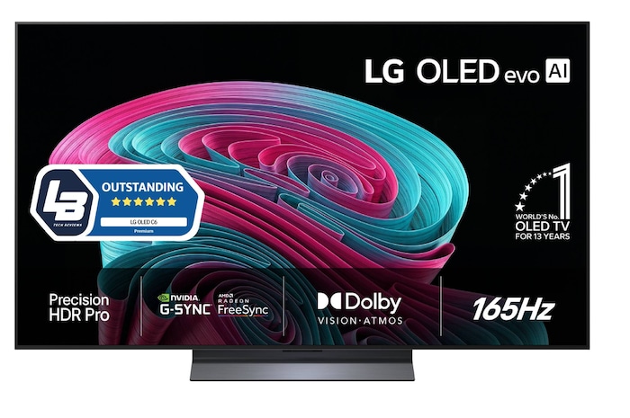 Vy framifrån av LG OLED evo AI C6, som släpptes 2026, med en tunn svart ram och en intensiv skulpterad virvel av skiktade regnbågstoner som flyter över skärmen.
