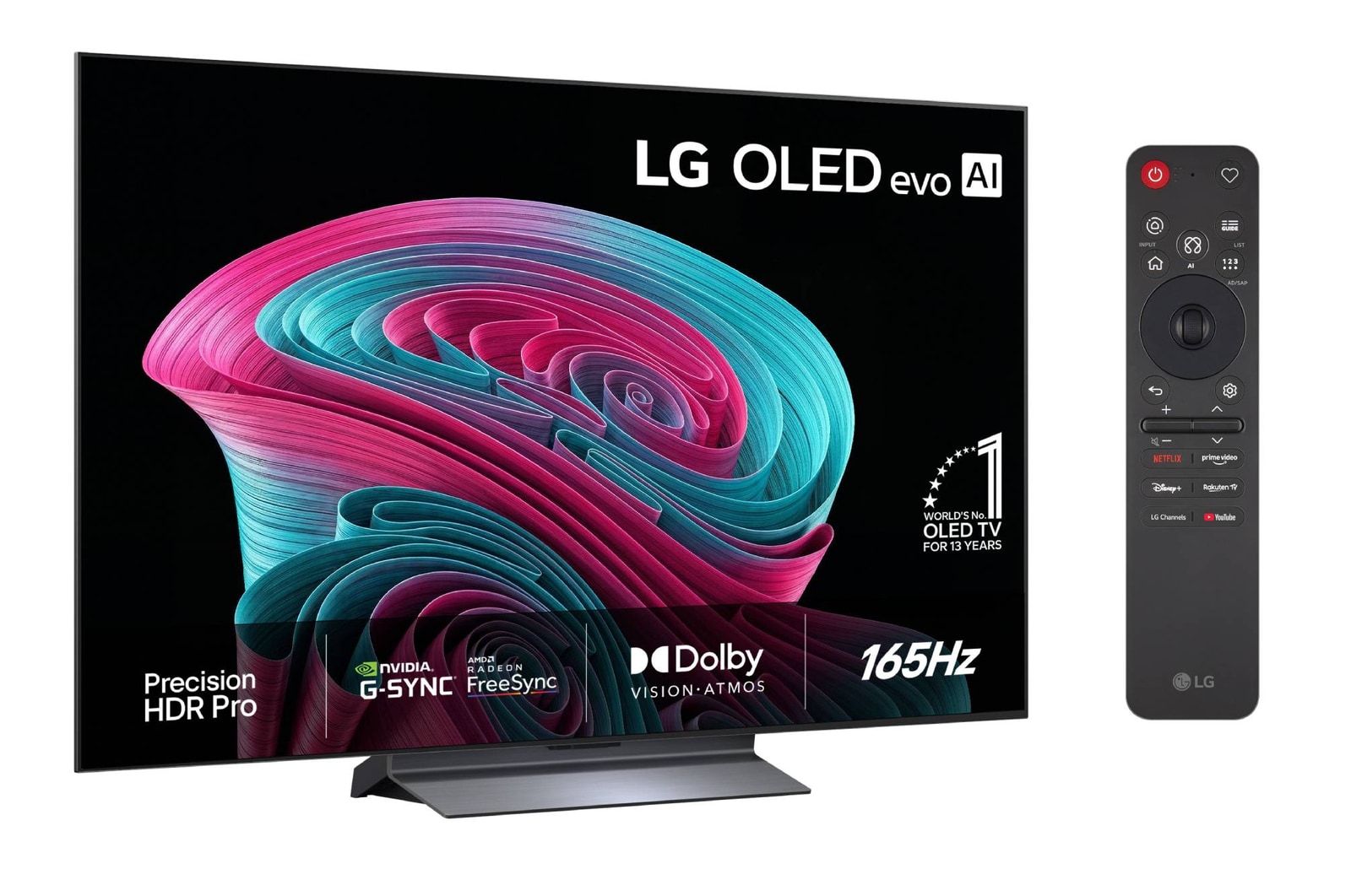 Vy framifrån av LG OLED evo AI C6, som släpptes 2026, visar en bild av skiktade, mångfärgade former, med Hyper Radiant Color Tech, Perfekt svart och Perfekt färg, tillsammans med World’s No.1 OLED TV for 13 Years-märket.