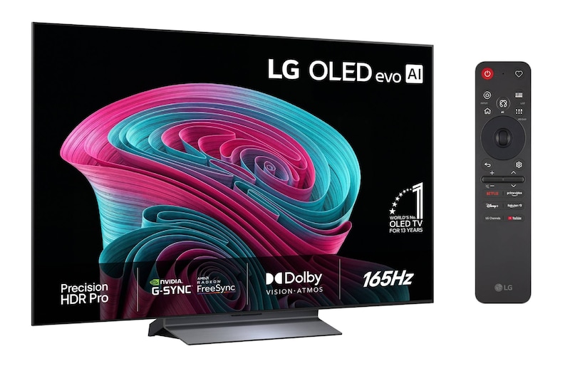 Vy framifrån av LG OLED evo AI C6, som släpptes 2026, visar en bild av skiktade, mångfärgade former, med Hyper Radiant Color Tech, Perfekt svart och Perfekt färg, tillsammans med World’s No.1 OLED TV for 13 Years-märket.