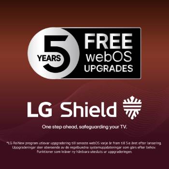 LG Shield tillämpad på LG OLED evo AI C6 visas med en LG Shield-logotyp i mitten, säkerhetsikoner nedanför och ett 2026 CES Innovation Awards Honoree-märke ovanför som symboliserar data- och systemskydd.