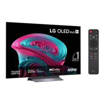 Vy framifrån av LG OLED evo AI C6, som släpptes 2026, visar en bild av skiktade, mångfärgade former, med Hyper Radiant Color Tech, Perfekt svart och Perfekt färg, tillsammans med World’s No.1 OLED TV for 13 Years-märket.