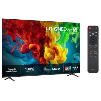 Vy framifrån av LG QNED evo AI QNED82 Mini LED, som släpptes 2026, visar intensiva, flytande skurar av täta moln av färger på skärmen, med Dynamic QNED Color Pro, Mini LED, en alpha 8 AI Processor 4K Gen3, webOS och en 85-tums skärm.