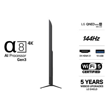 LG QNED evo AI QNED82 Mini LED visas framifrån och från sidan och lyfter fram en 85-tums skärm med en bredd på 1 889 mm, skärmhöjd på 1 087 mm, höjd med stativ på 1 149 mm, ett profildjup på 67 mm och ett stativavtryck på 1 565 x 362 mm.