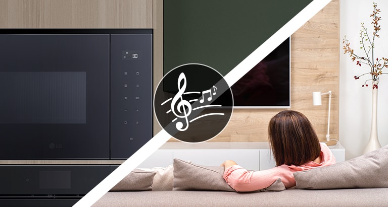 MWO:s matlagningsslutsignal hörs av en kvinna som vilar i vardagsrummet.