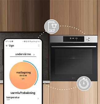 Det här är en bild där ikoner som uttrycker timers och push-aviseringsfunktioner är anslutna mellan smarttelefonen och ugnen.