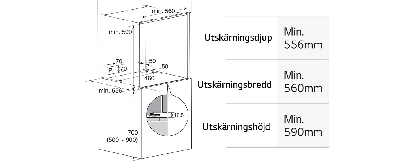 Den här bilden visar ugnens mått.