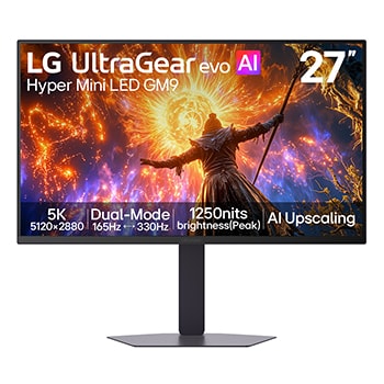 Vy framifrån av 27-tums UltraGear evo GM9, Hyper Mini LED-spelskärm med Dual Mode (5K 165Hz eller QHD 330Hz) (27GM950B), som visar spelbilder
