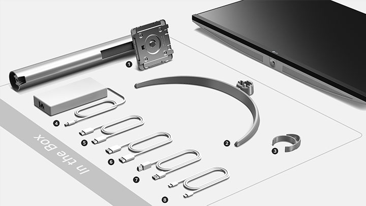 27UQ850V Vad finns i kartongen (1. Stativ 2. Stativfot 3. Kabelhållare 4. Strömadapter 5. HDMI-kabel 6. DP-kabel 7. USB A till B-kabel 8. USB C till C-kabel)