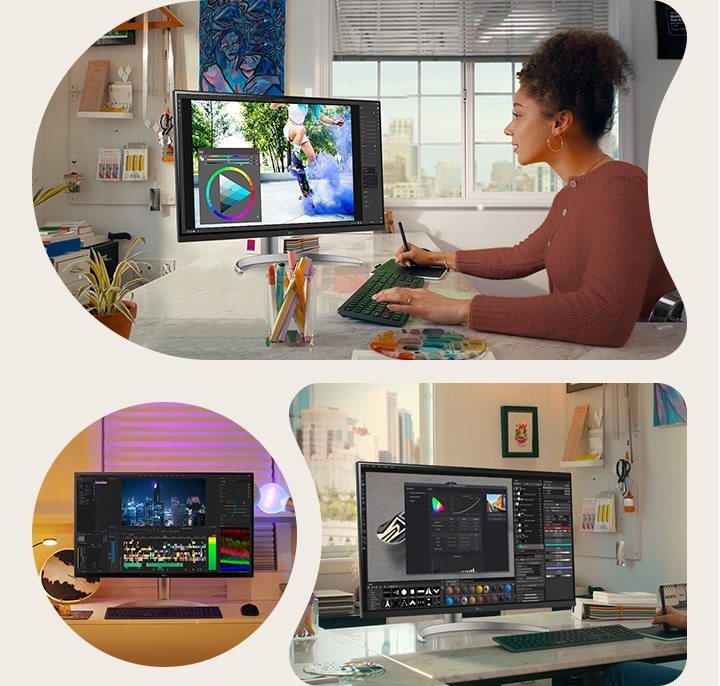 En scen med Photoshop, streaming och videoredigering med 32UQ850V.