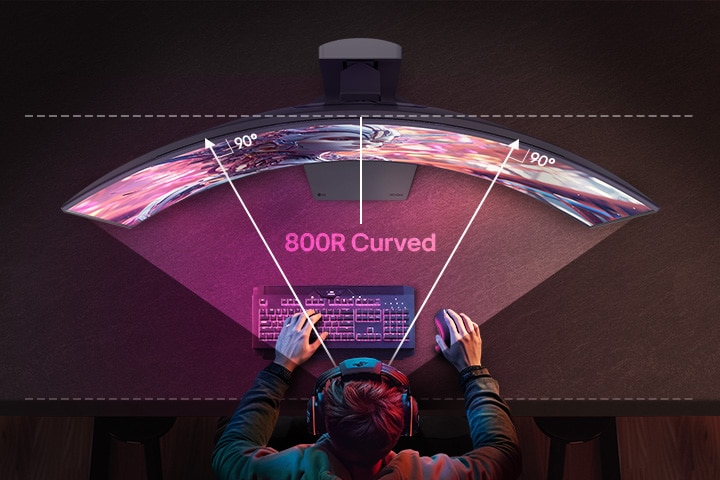 An animated video transitioning from a front view to a top view of a curved monitor.