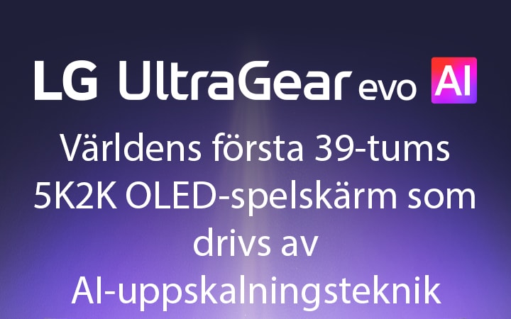 UltraGear™ evo AI-logotyp i ett futuristiskt, neonupplyst rum.