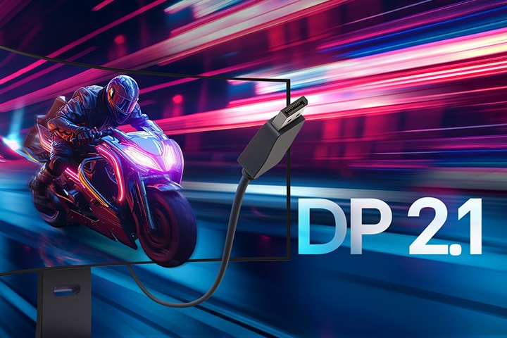Motorcykel i rörelse med DisplayPort 2.1-kabelanslutning.