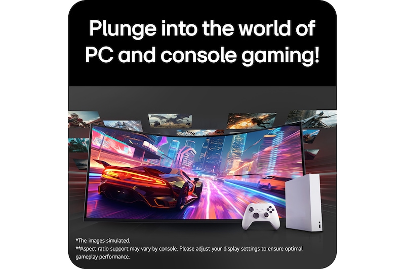 This image shows a curved gaming monitor displaying a high-speed racing game, with a game console and controller placed in front, illustrating an immersive PC and console gaming experience on an ultra-wide screen.