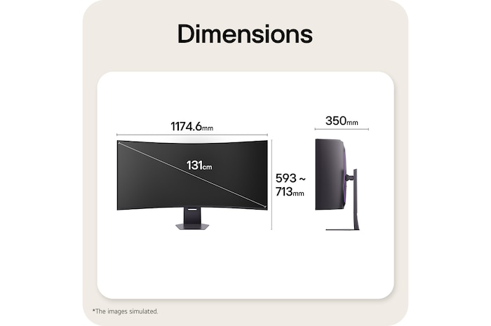 'Front and side views of a gaming monitor illustrating its overall dimensions and profile design.