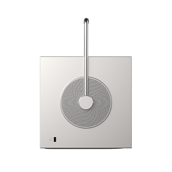 sidovy med cirkulär högtalardesign och handtag upptill