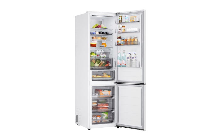 LG kyl/frys (GBBS726CPY) närbild av vinställ med fyra flaskor och en låda med makaroner med hylldesign förstorad i cirkulär bild