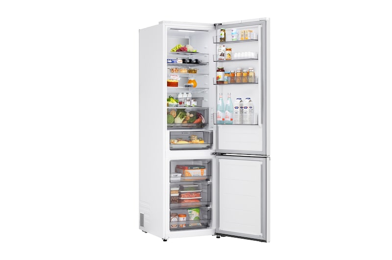 LG kyl/frys (GBBS726CPY) närbild av vinställ med fyra flaskor och en låda med makaroner med hylldesign förstorad i cirkulär bild