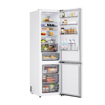 LG kyl/frys (GBBS726CPY) närbild av vinställ med fyra flaskor och en låda med makaroner med hylldesign förstorad i cirkulär bild