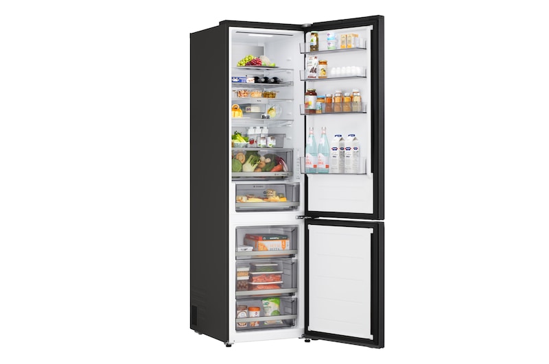 LG kyl/frys (GBBS726CPY) närbild av vinställ med fyra flaskor och en låda med makaroner med hylldesign förstorad i cirkulär bild