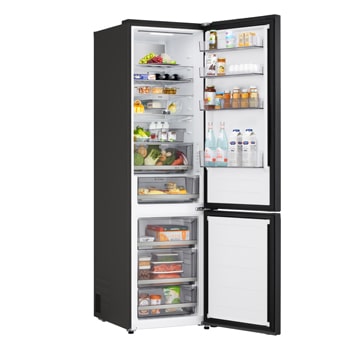 LG kyl/frys (GBBS726CPY) närbild av vinställ med fyra flaskor och en låda med makaroner med hylldesign förstorad i cirkulär bild
