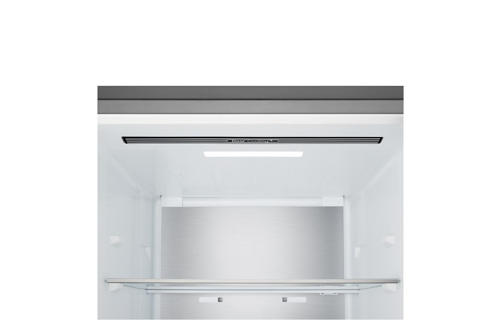 LG bottenfrys (GBBS726CPY) i infälld installation i hög varmt beige vägg med blåa pilar som pekar mot ovansidan och frontytorna