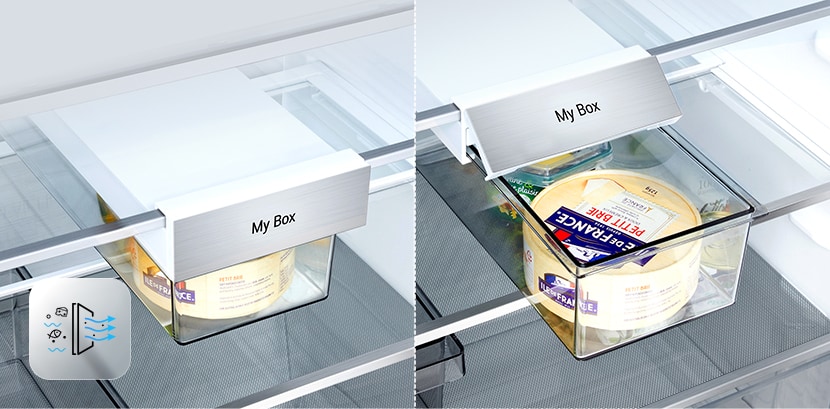 LG kyl/frys (GBBS726CPY) vänster bild visar en stängd filterlåda med ost och deodoriserande ikon nere till vänster, höger bild visar en öppen låda med ost