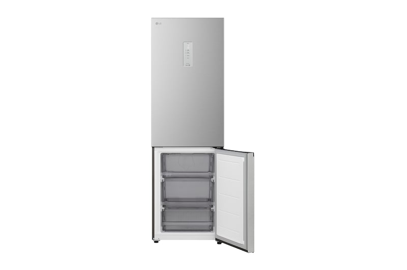 LG bottenfrys (GBBSJ11EPY) i infälld installation i hög varmt beige vägg med blåa pilar som pekar mot ovansidan och frontytorna