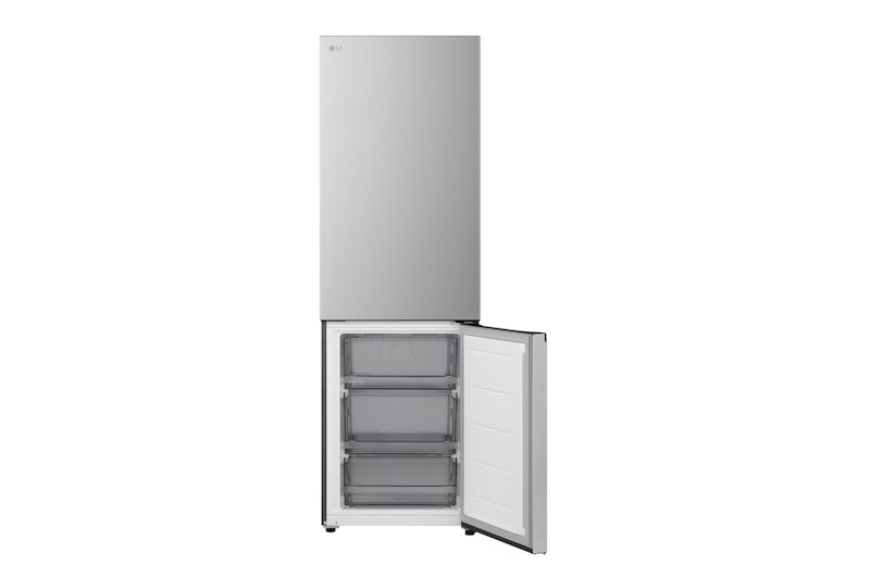 LG bottenfrys (GBBSJ1CCPY) i infälld installation i hög varmt beige vägg med blåa pilar som pekar mot ovansidan och frontytorna