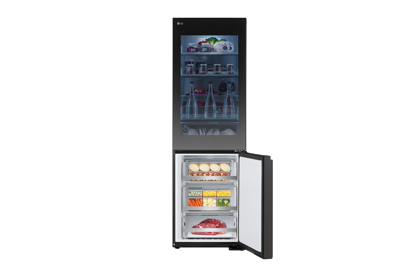 bottom door open with food stored