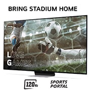 Bring Stadium Home med TV som har fotbollsbild med Love Games och 120hz, Sports Portal skriven i botten
