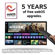 5 års kostnadsfria webOS-uppdateringar med webOS:s nya programlogotyp, med webOS-gränssnittsbild och ansvarsfriskrivningar.