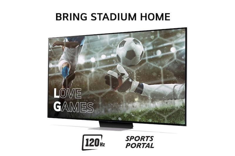Bring Stadium Home med TV som har fotbollsbild med Love Games och 120hz, Sports Portal skriven i botten