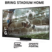Bring Stadium Home med TV som har fotbollsbild med Love Games och 120hz, Sports Portal skriven i botten