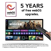 5 års kostnadsfria webOS-uppdateringar med webOS:s nya programlogotyp, med webOS-gränssnittsbild och ansvarsfriskrivningar.