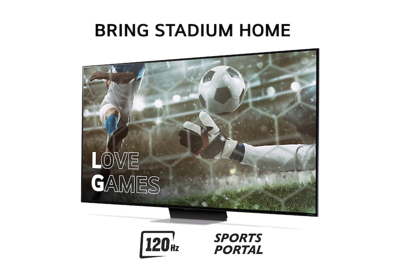 Bring Stadium Home med TV som har fotbollsbild med Love Games och 120hz, Sports Portal skriven i botten