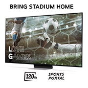 Bring Stadium Home med TV som har fotbollsbild med Love Games och 120hz, Sports Portal skriven i botten
