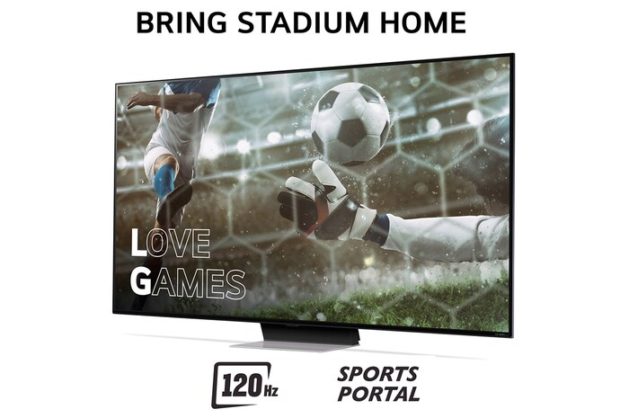 Bring Stadium Home med TV som har fotbollsbild med Love Games och 120hz, Sports Portal skriven i botten