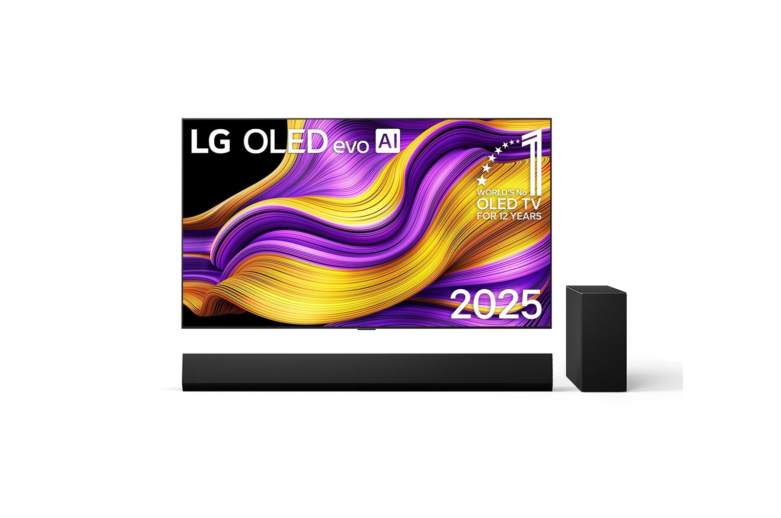 Vy framifrån av LG OLED evo AI G5 4K Smart TV. Emblemet 12 år som världens ledande OLED och logotypen LG OLED evo AI 2025 visas på skärmen.