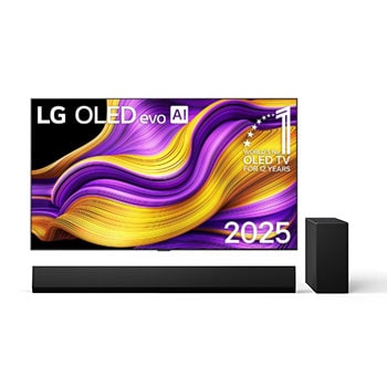 Vy framifrån av LG OLED evo AI G5 4K Smart TV. Emblemet 12 år som världens ledande OLED och logotypen LG OLED evo AI 2025 visas på skärmen.