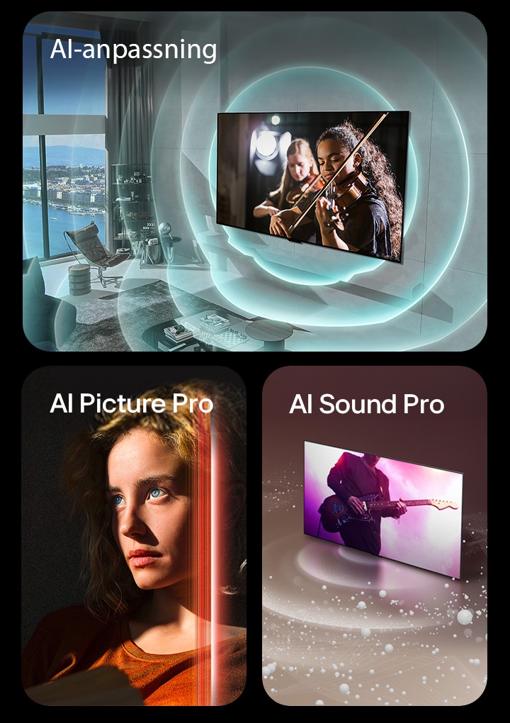 Tre bilder visas. Den första visar en LG OLED evo M4 i ett modernt vardagsrum som visar ett musikaliskt framträdande på skärmen. Blå cirkulära vågor som visar personalisering omger TV:n och utrymmet. Den andra visar en kvinna med genomträngande blå ögon och en mörkorange topp i ett mörkt utrymme. Röda linjer som visar AI-förfiningar täcker en del av hennes ansikte, som är ljust och detaljerat, medan resten av bilden ser matt ut. Den tredje visar en LG OLED evo M4 med ljudbubblor och vågor som kommer från skärmen och fyller utrymmet.
