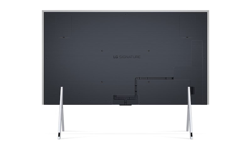 Vy bakifrån av en LG OLED TV, OLED M4 SINGATURE på ett stativ